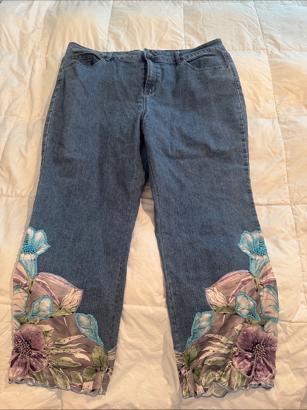 Soft Surroundings Blue Denim Cropped Jeans with Floral Beaded Embroidered Hem